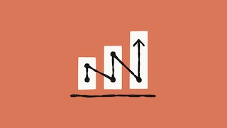 Illustration auf orangefarbenem Hintergrund: Drei weiße Balken unterschiedlicher Höhe bilden ein steigendes Balkendiagramm. Darüber verläuft eine schwarze Linie mit Punkten, die zunächst fällt und anschließend deutlich ansteigt. Der letzte Abschnitt endet mit einem nach oben gerichteten Pfeil. Unter dem Diagramm befindet sich eine schwarze horizontale Linie.
