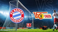 Logos von Bayern und Union auf Stadionhintergrund