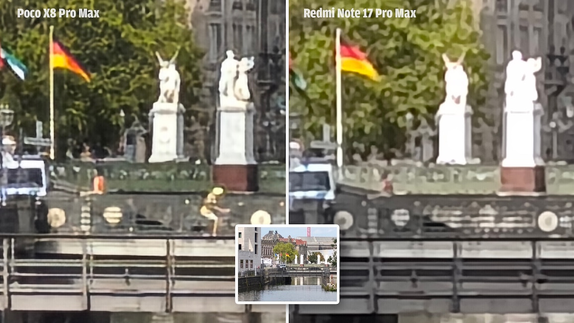 Detailvergleich Telefoto (10x) Poco X8 Pro Max vs. Redmi Note 17 Pro Max.