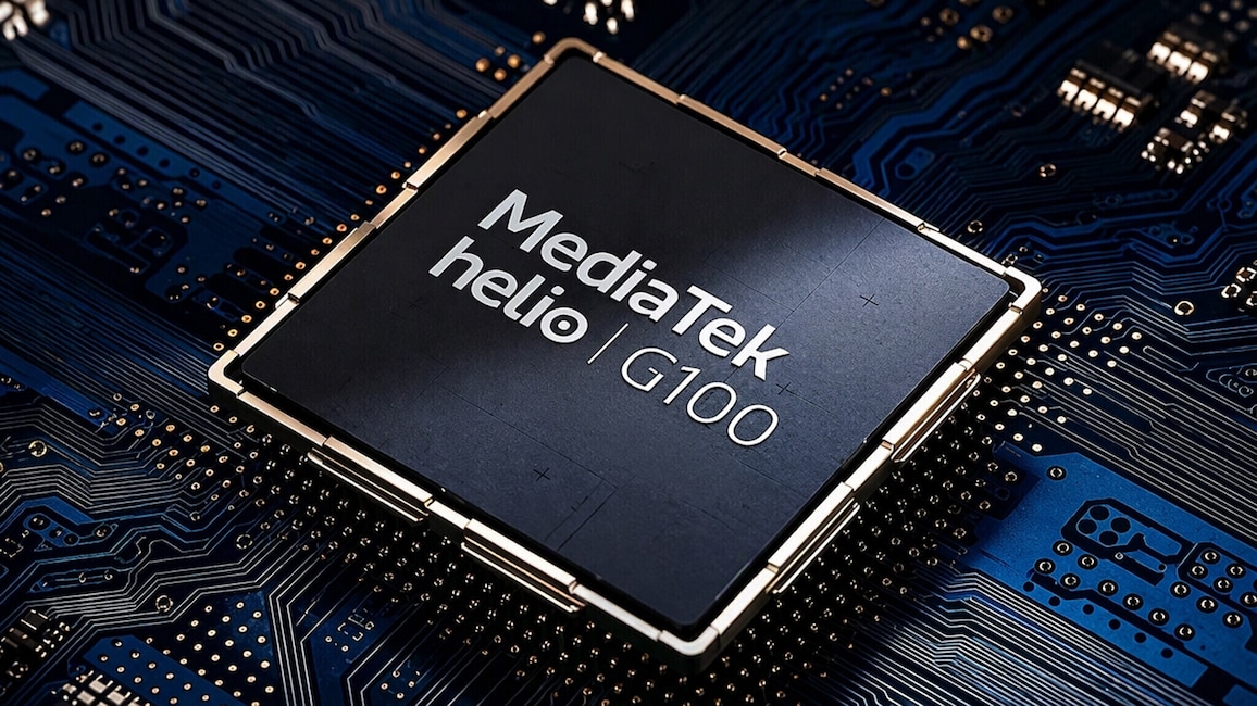 Grafische Darstellung des MediaTek-Helio-G100-Prozessors auf einer blauen Leiterplatte. Der schwarze Chip mit silbernem Rahmen trägt die Aufschrift „MediaTek helio G100“.