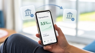 Eine Hand hält ein Smartphone mit einer Tagesgeldkonto-Ansicht. Auf dem Display stehen „3,5 % p.a.“, eine grüne Kurve und ein Kontostand. Im Hintergrund sind zwei Bank-Symbole mit den Zahlen „1“ und „2“ sowie ein Pfeil zwischen ihnen eingeblendet.