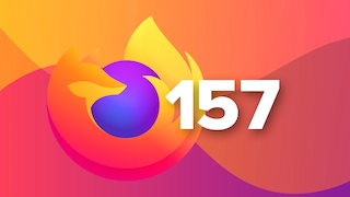 Großes Firefox-Logo in Orange, Gelb, Violett und Blau auf einem Hintergrund mit Farbverläufen in Orange-, Pink- und Violetttönen. Rechts neben dem Logo steht die große weiße Zahl 157 mit Schatteneffekt. Weitere Texte oder Elemente sind nicht vorhanden.
