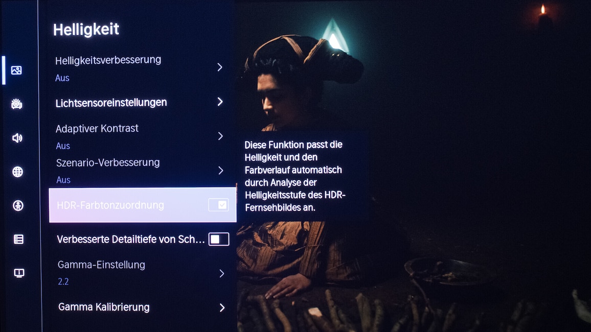 Ist das Bild zu dunkel, helfen Einstellungen im Vidaa-Menü. Aber was genau hat die Fummelei hier zur Folge? Keine Sorge, die Erklärung liefert Vidaa gleich mit.