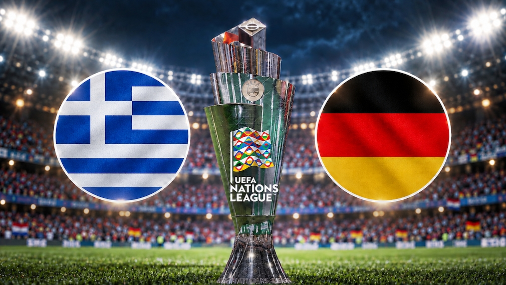 Griechische und deutsche Flagge auf einem Stadionhintergrund