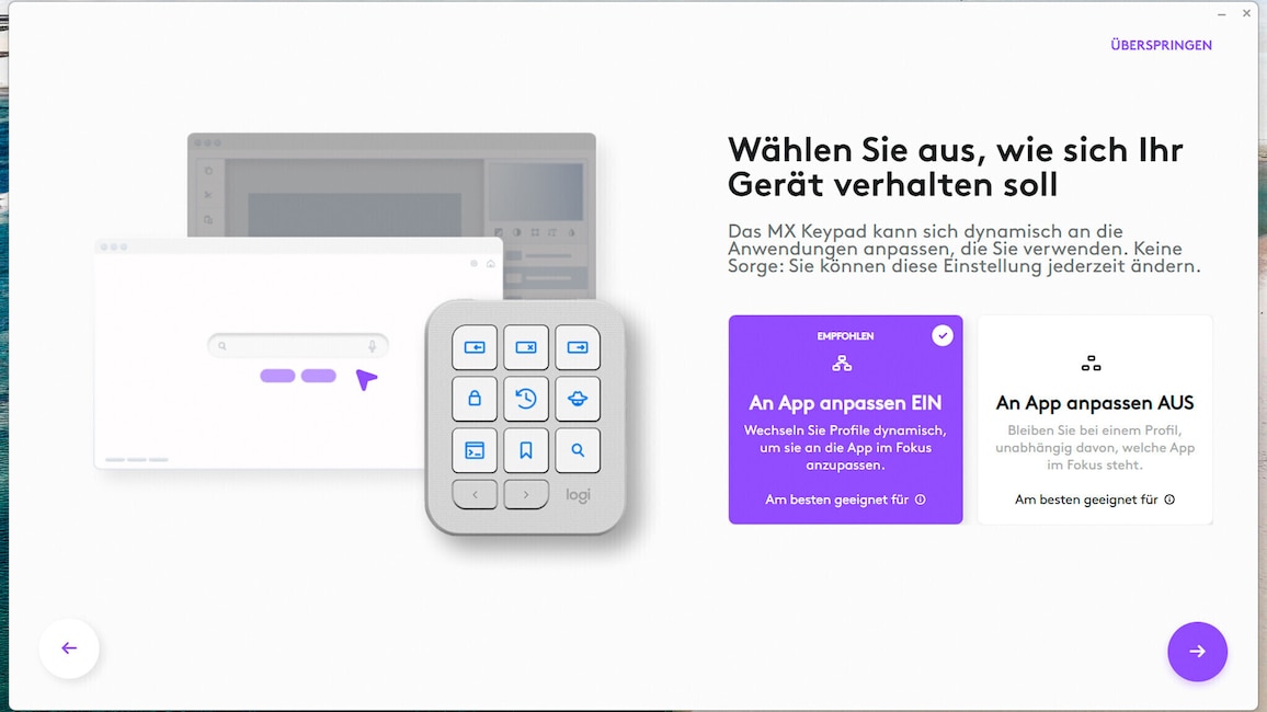 Screenshot der Software Logi Options mit den Einstellung zum MX Keypad.