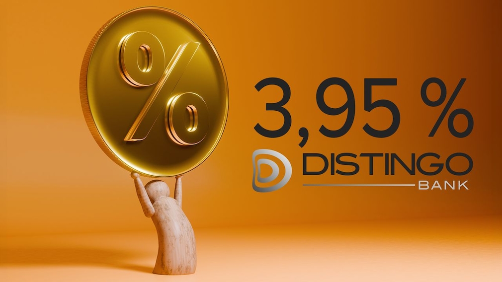 Links hält eine kleine Holzfigur eine große goldene Münze mit Prozentzeichen. Rechts stehen „3,95 %“ sowie Logo und Schriftzug „DISTINGO BANK“. Der Hintergrund ist orange.