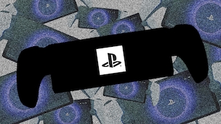Grafische Darstellung eines tragbaren Spielgeräts in schwarzer Silhouette mit seitlichen Griffen. In der Mitte des Displays befindet sich das PlayStation-Logo auf weißem Hintergrund. Im Hintergrund liegen zahlreiche Handheld-Geräte übereinander, deren Bildschirme jeweils einen blauen Kreis mit einer Zahl zeigen. Das gesamte Bild ist mit einem starken Körnungseffekt versehen und in Blau-, Grau- und Schwarztönen gehalten.