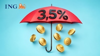 Links oben ist das ING-Logo mit Löwensymbol zu sehen. In der Mitte ist ein roter Regenschirm mit der Aufschrift „3,5%“ platziert. Darunter sind mehrere goldfarbene Euro-Münzen vor hellblauem Hintergrund zu sehen.