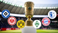 DFB-Pokal live : Wappen der vereine, POkal, im Stadion