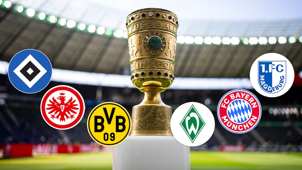 DFB-Pokal live : Wappen der vereine, POkal, im Stadion