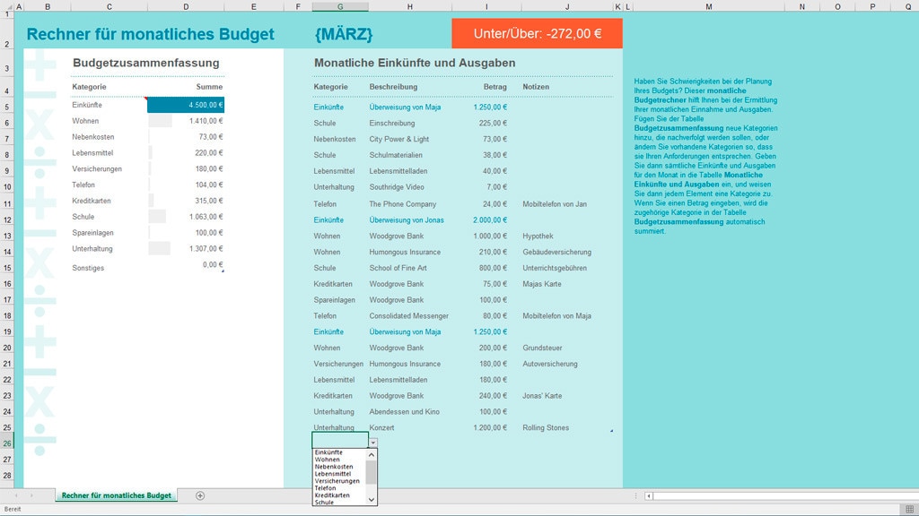 Rechner für Monatsbudget (Excel-Vorlage)