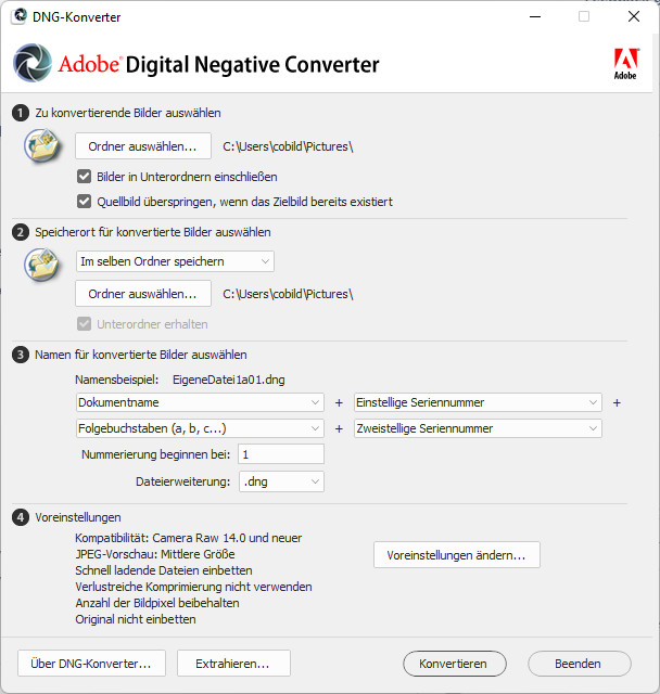 Screenshot aus Adobe DNG Converter