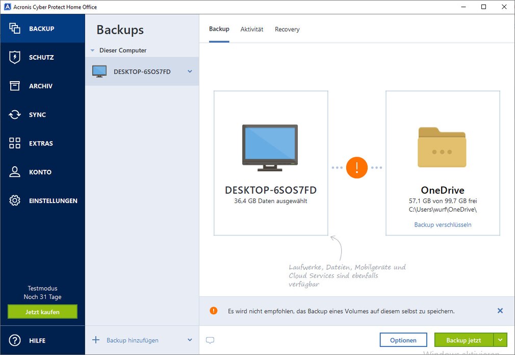 Screenshot aus Acronis Cyber Protect Home Office (ehemals Acronis True Image) 