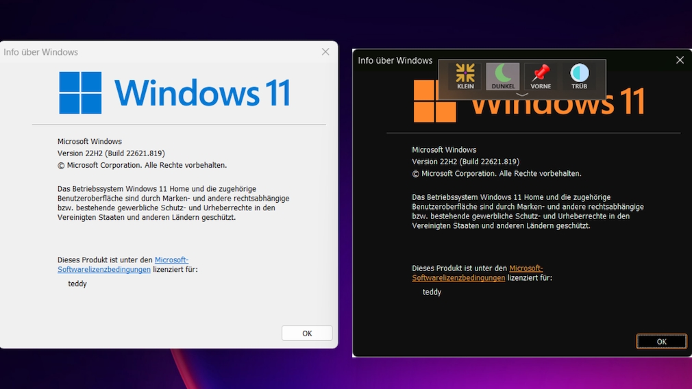 Windows 10/11: Fenster verschwunden – so holen Sie es zurück Mit WindowTop wenden Sie den Trick an, Fenster dunkelfarben zu kolorieren. Das sieht nicht immer gut aus, ist aber interessant anzusehen. Visuell fallen hier "durchgejagte" Anwendungen rasch auf. 