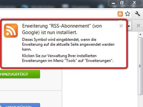 Der RSS-Abonnent ist nun installiert © Google