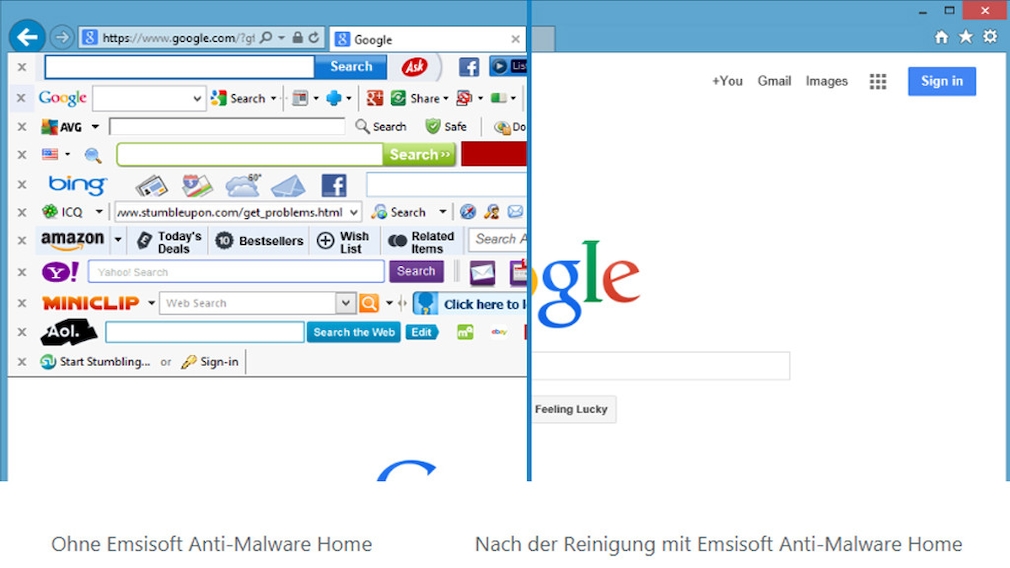 Internet Explorer unter Windows 8 mit und ohne Toolbars