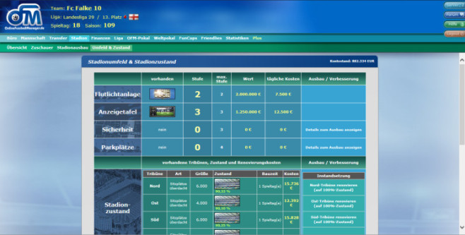 Browserspiel „Online Fussball Manager“: Stadionausbau © Online Fussball Manager