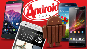 Das Android-KitKat -Logo mit dem Google Nexus 5. © Sony, Samsung, HTC, Android