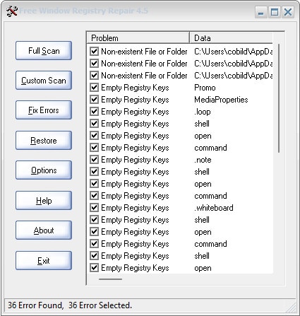Screenshot aus Free Window Registry Repair 