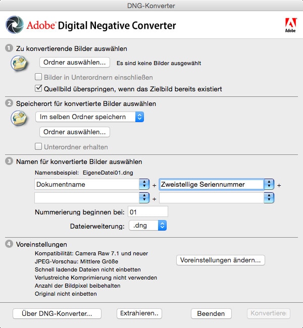 Screenshot aus Adobe DNG Converter (Mac) 