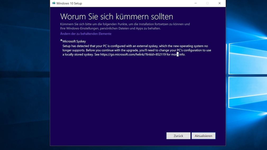 Windows 7/8/10: Syskey versieht Benutzerkonto mit zweitem Passwort Es erscheint eine Fehlermeldung, wenn Sie im Begriff sind, Windows 10 1703 auf 1709 oder 21H1 zu aktualisieren. Es hilft jeweils, Syskey aufzurufen und zu deaktivieren. 