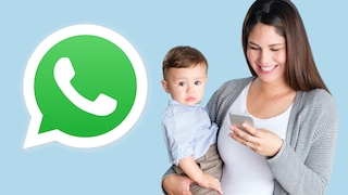 Frau mit Kind auf dem Arm neben WhatsApp-Logo