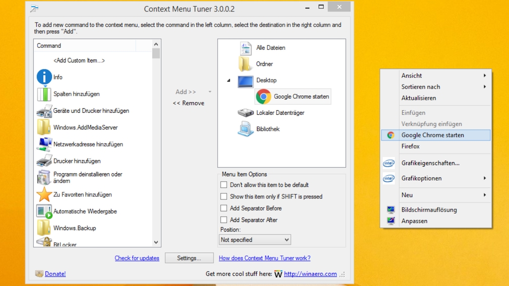 Windows 7/8/10: Start programs via the context menu With the Context Menu Tuner, you should note the placeholder when adding a program starter entry "%" remove from the appropriate field;  otherwise the application in question will not start and Windows will display an error message. 