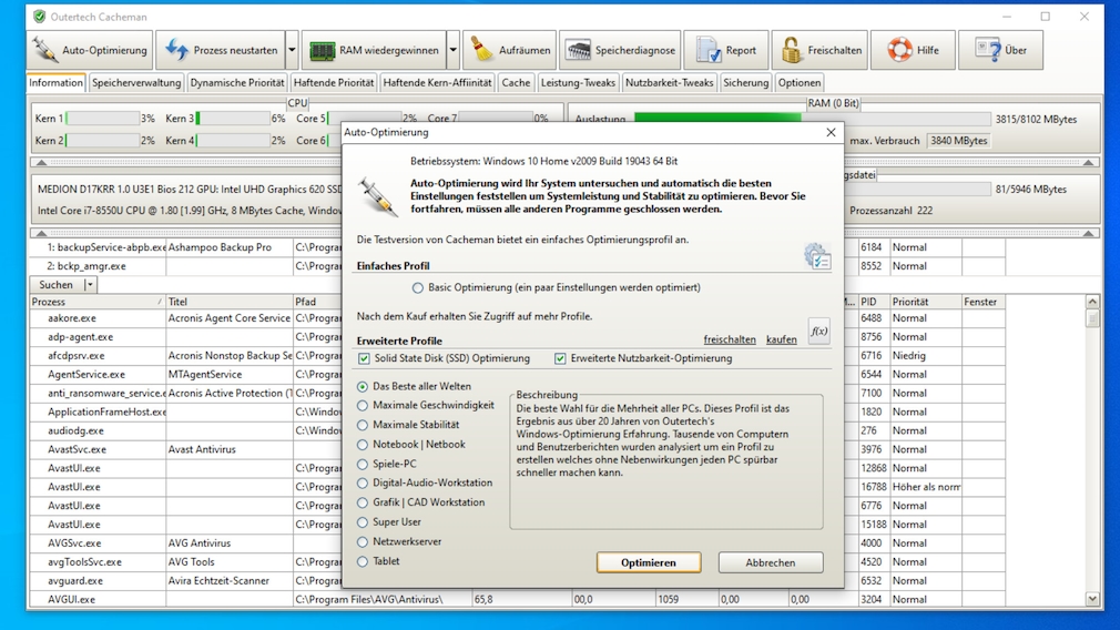 Windows 7/8/10/11: What good do RAM defragmenters do?  With Cacheman you get a sophisticated program for optimizing the cache, which includes the main memory.  The free trial is functionally limited. 