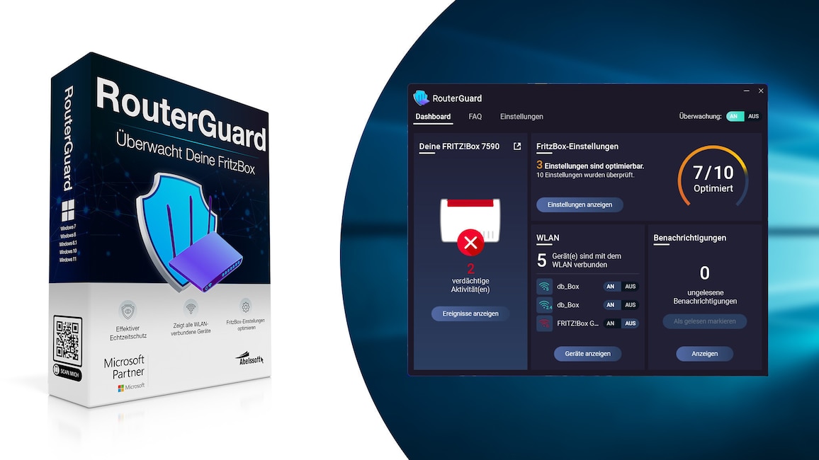 WLAN optimieren: Kostenlose Tools machen das Netz schneller und sicherer Die Schaltzentrale "RouterGuard" für Windows-PCs inspiziert Ihren AVM-FritzBox-Router.
