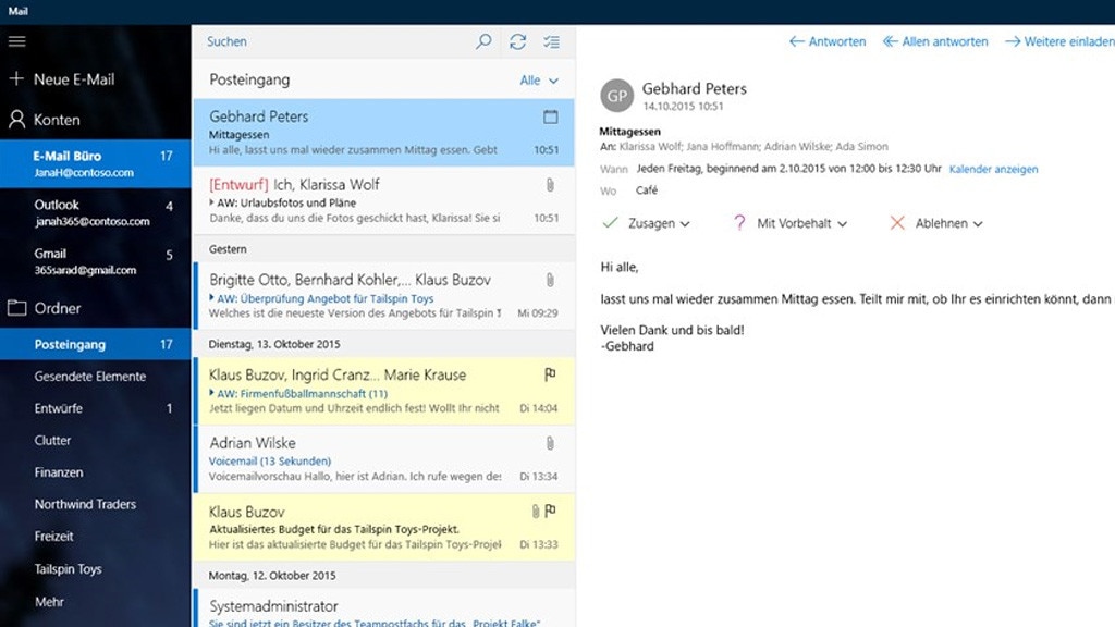 Mail und Kontakte (Windows-10-App): Kommunikation tätigen