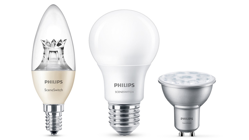 Philips SceneSwitch LED-Lampen lassen sich ohne Dimmer und ohne App dimmen Philips bietet die SceneSwitch LED-Lampen für die gängigen Fassungen E14, E27 und GU10 (von links) an. 