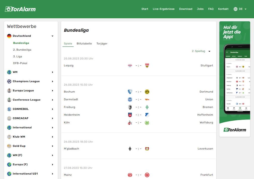 Screenshot aus TorAlarm: Fußball-Ergebnisse & Tabelle 