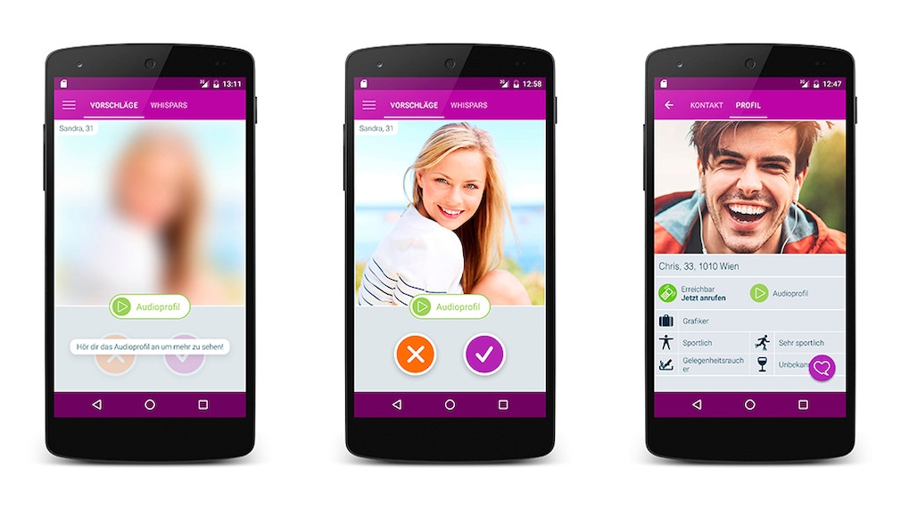Drei Screenshots aus der Dating-App Whispar