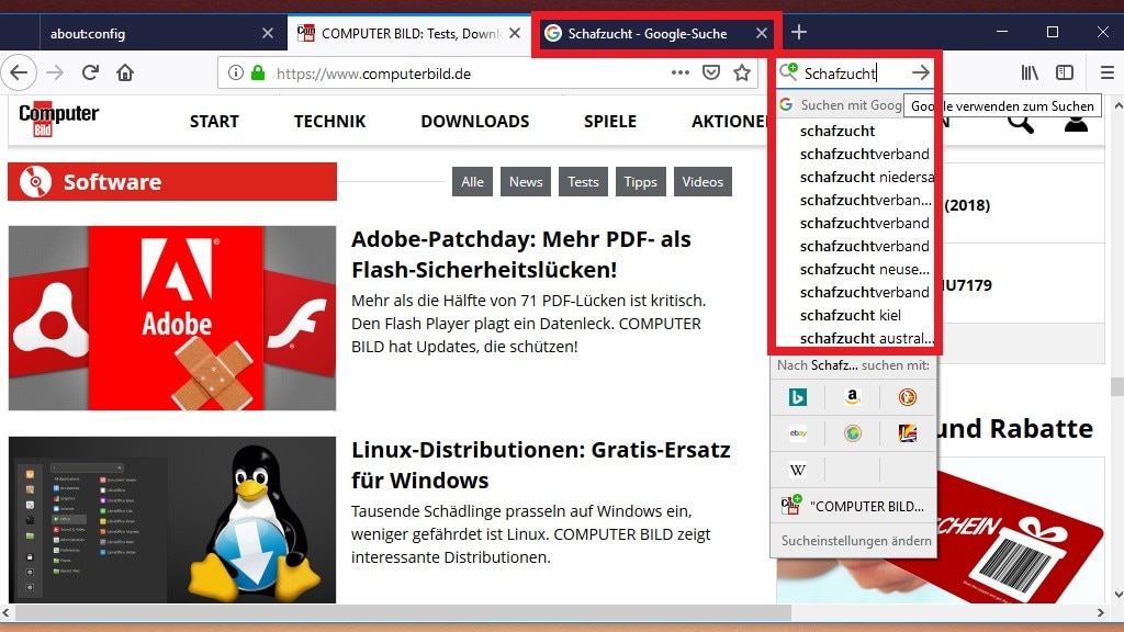 about:config Suchergebnisse in neuem Tab