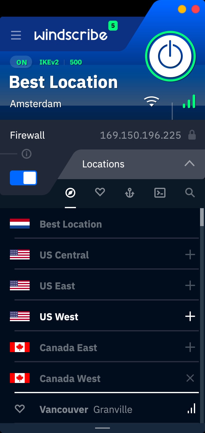 Screenshot aus Windscribe VPN (Mac) 