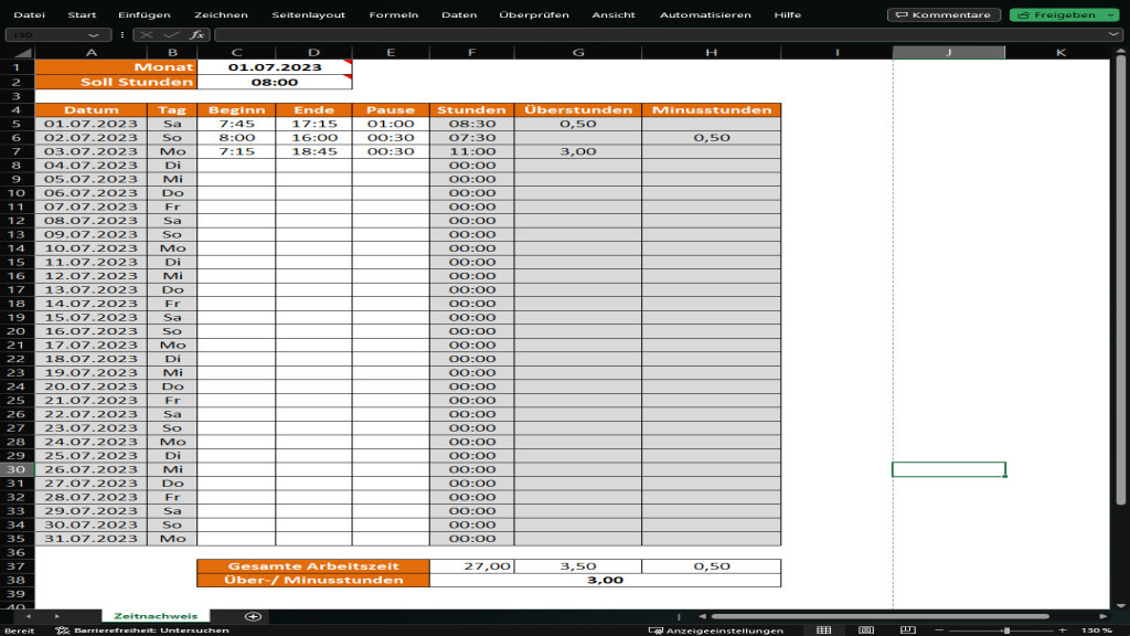 Arbeitszeitnachweis & Überstundenrechner (Excel-Vorlage)