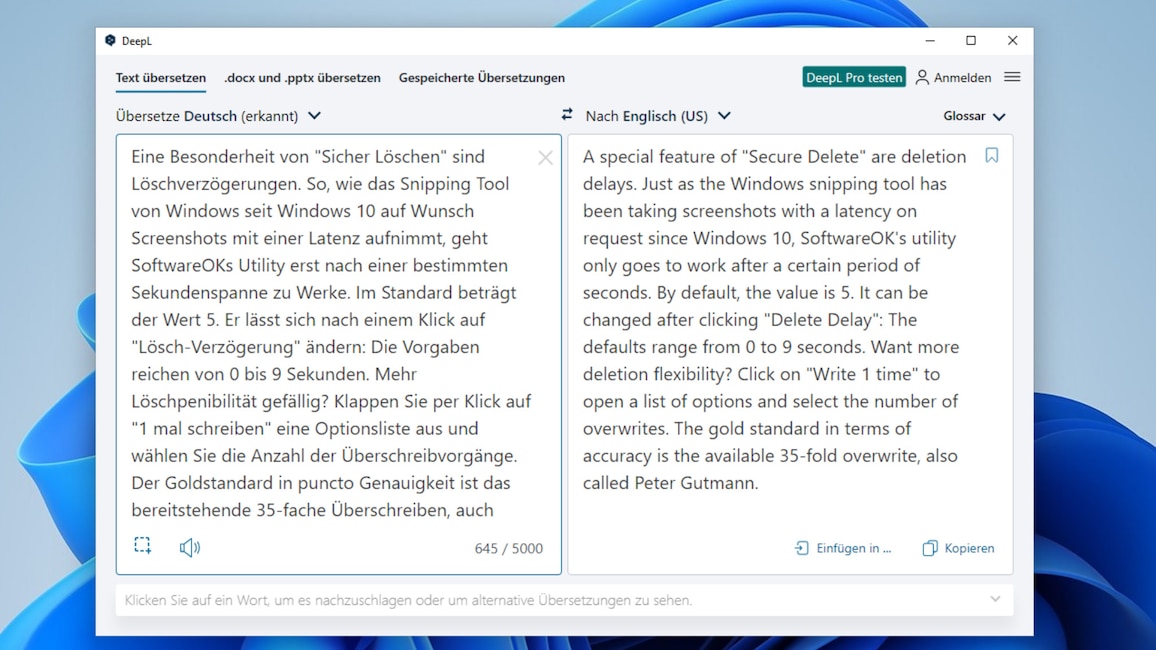 DeepL für Windows: Wörter und Sätze übersetzen