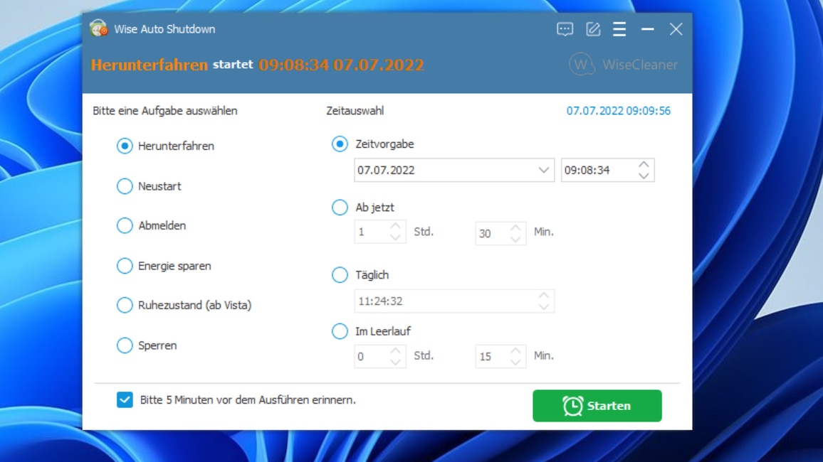 Wise Auto Shutdown: Windows automatisch herunterfahren