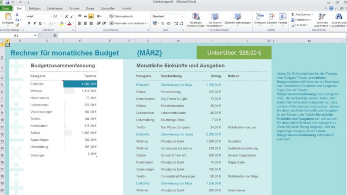 Excel-Vorlage: Monatsbudget (Office) Excel-Vorlage: Monatsbudget (Office)