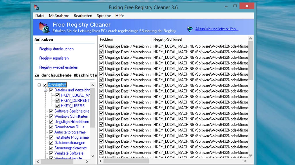 Eusing Free Registry Cleaner: Registrierungs-Datenbank entrümpeln