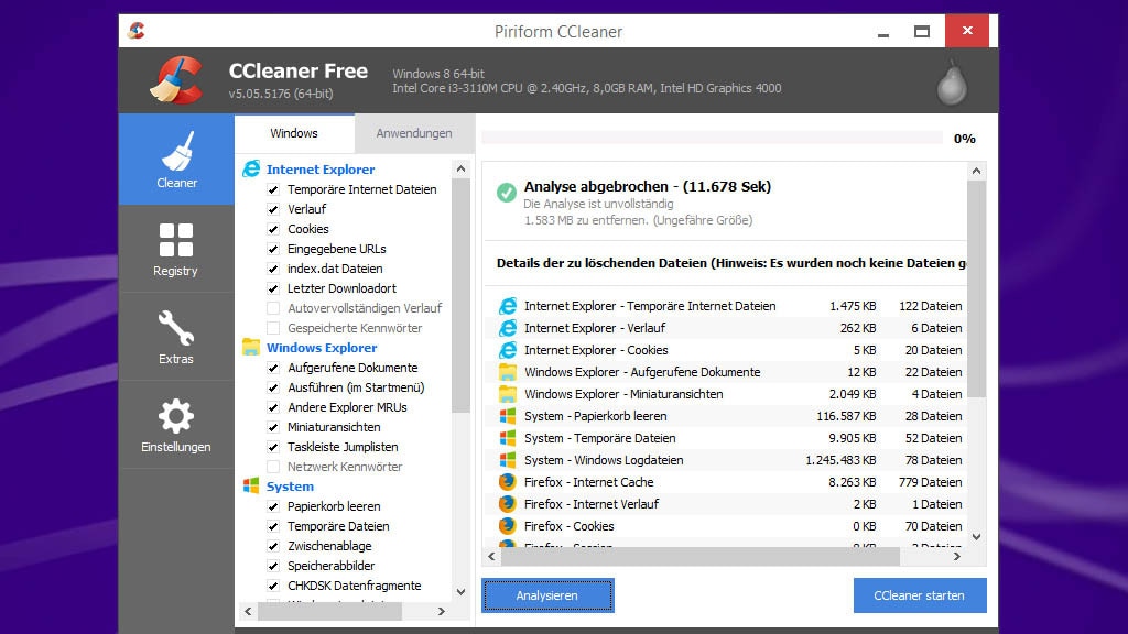 CCleaner: Mülldateien entfernen