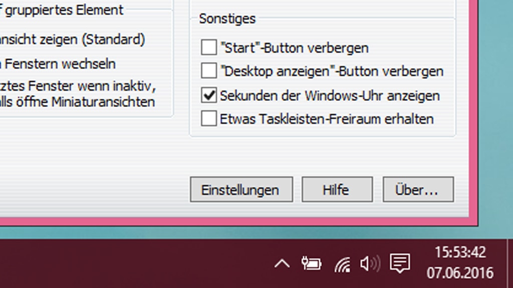 7+ Taskbar Tweaker: Sekundenanzeige für die Taskleiste