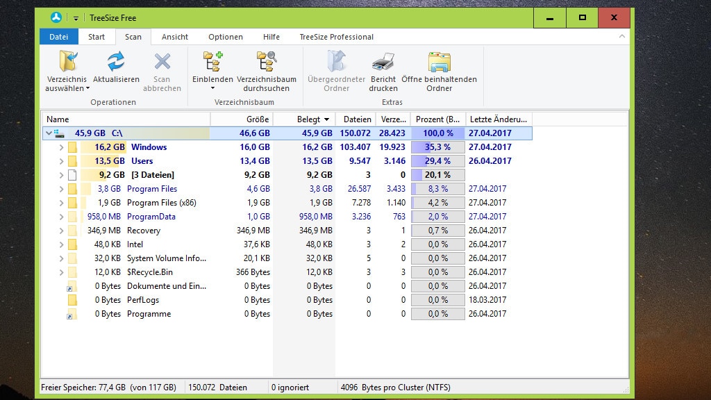 TreeSize Free: Ordnergrößen und Platzfresser aufdecken