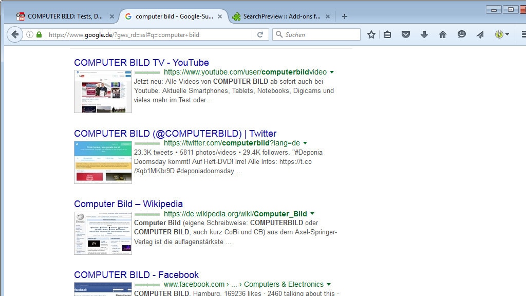 SearchPreview für Firefox: Thumbnails für Google & Co.