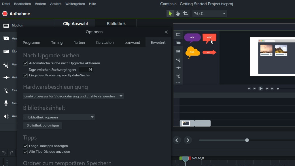 Camtasia Studio: Bildschirm filmen, Videomaße optimieren