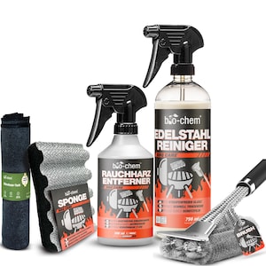 bio-chem Grillreiniger Set 5-tlg – Reiniger, Edelstahlpflege, Grillbürste & Tuch