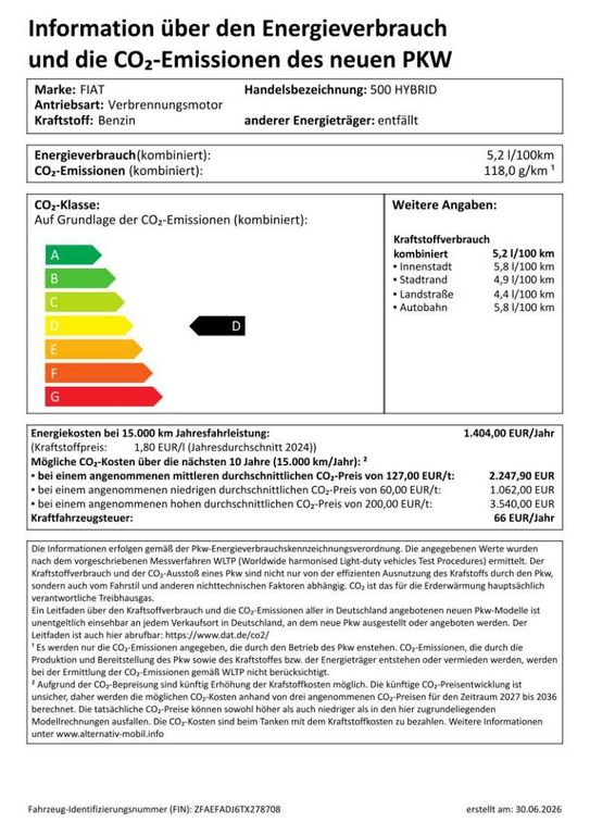 Bild des Angebotes Fiat 500 Mild-Hybrid Pop
