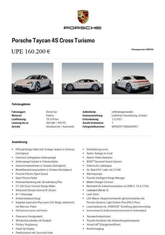 Bild des Angebotes Porsche Taycan4SCrossTurismo,HA-Lenkung,Head-UP,Bose