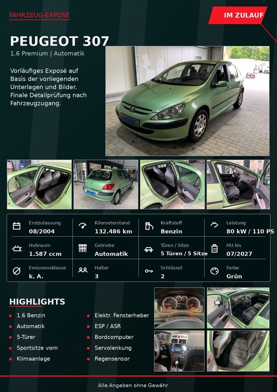 Bild des Angebotes Peugeot 307 Premium 1.6 Automatik Klima CarPlay