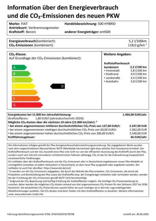 Bild des Angebotes Fiat 500 Mild-Hybrid Pop
